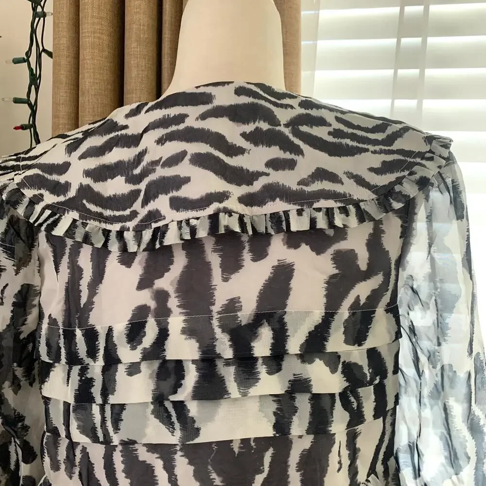 Anthropologie Maeve Long-Sleeve Collared Sheer Mini Dress in Black and White